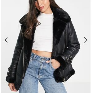 Black faux fur lined aviator jacket asos